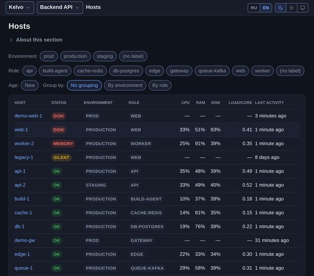 Monitored hosts: status, environment, role, CPU, memory, disk and load average
