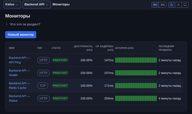 Мониторы аптайма: тип проверки, доступность за 24 часа, средняя задержка и история проверок