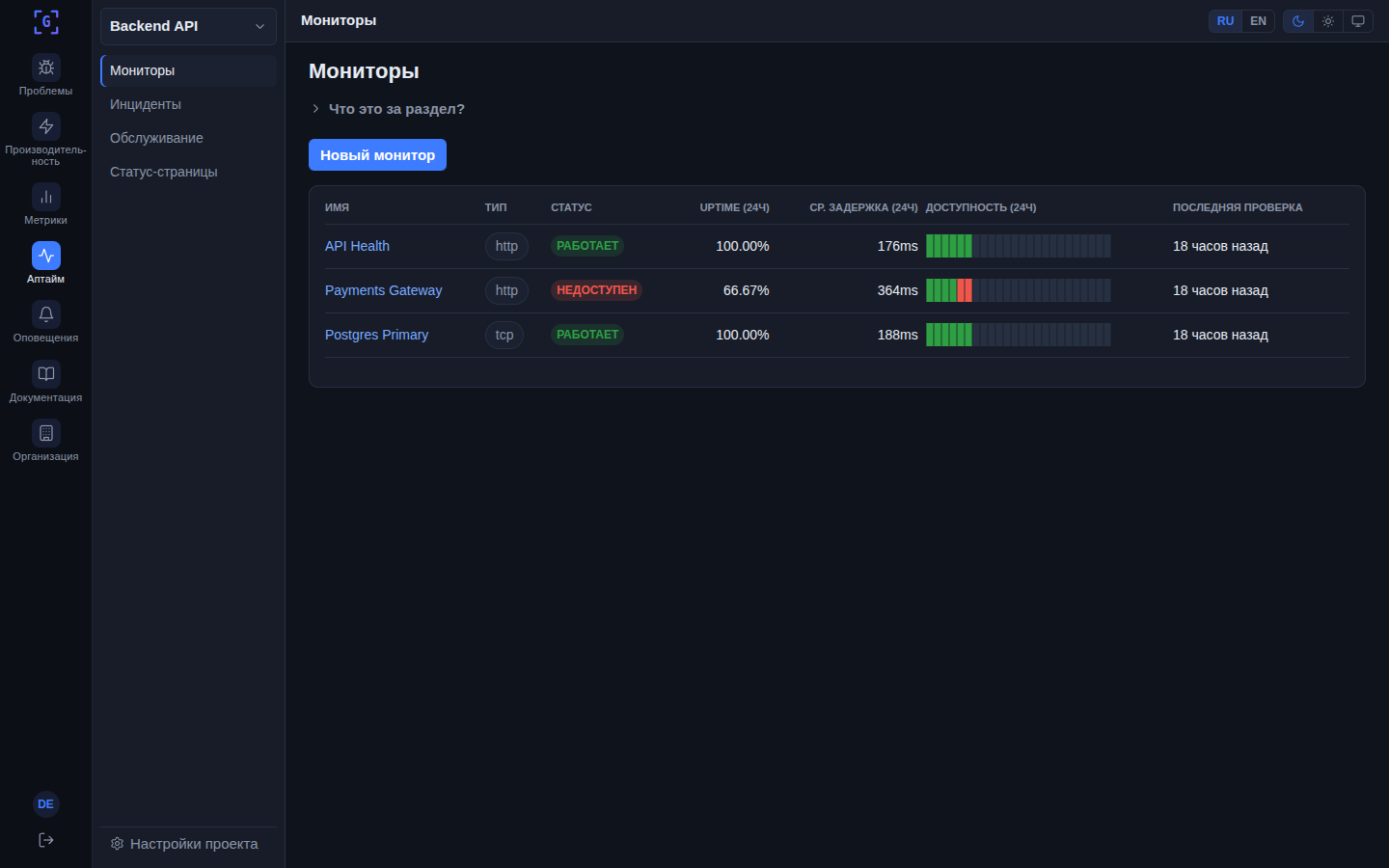 Uptime monitors and status page
